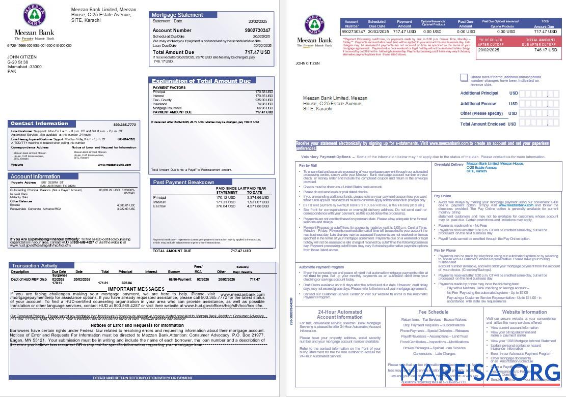 Downloadable Pakistan Meezan mortgage statement in Word and PDF formats, 3 pages 1 2 real example